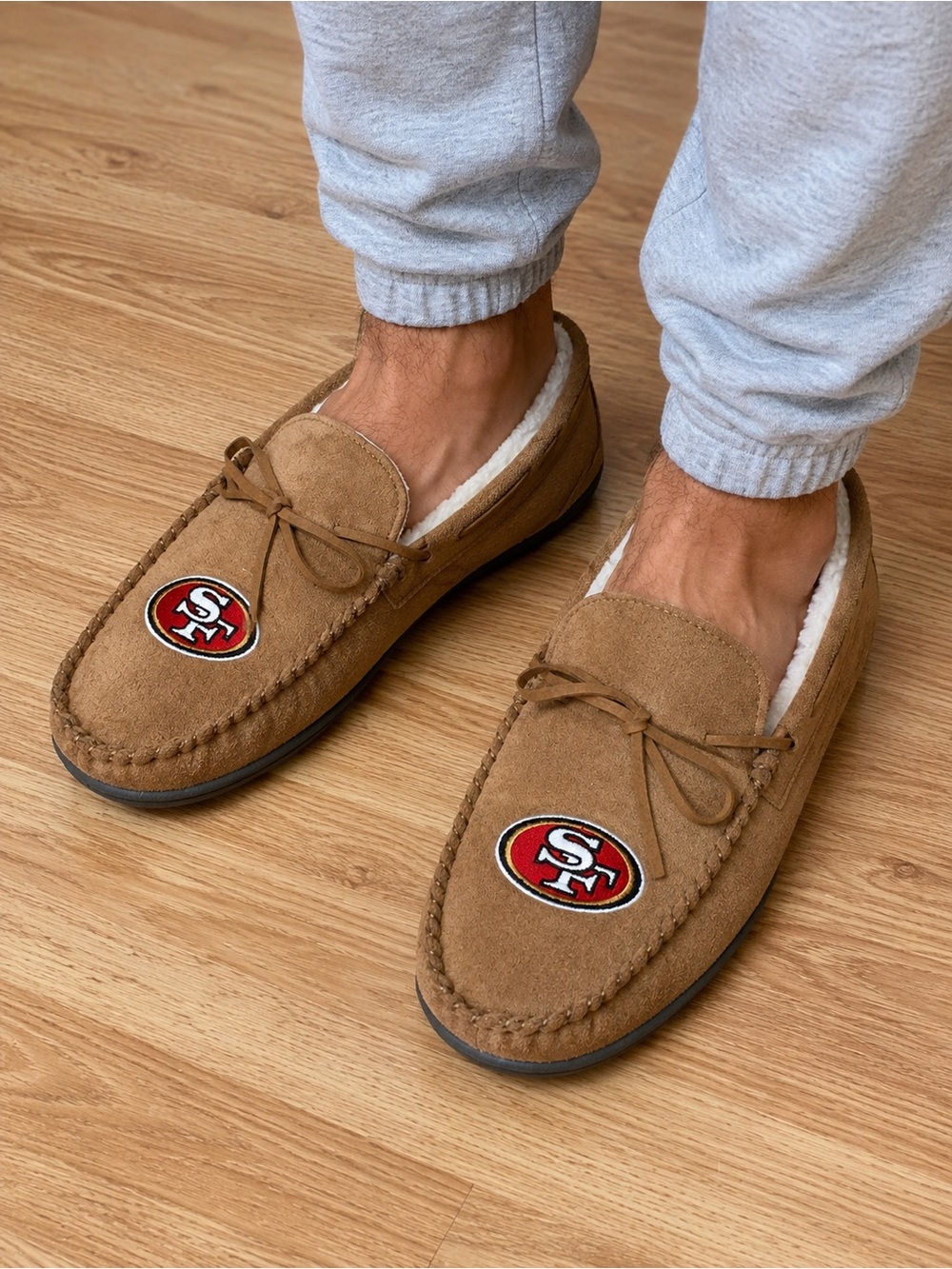 Men's Tan Suede Team Logo Moccasin Slippers